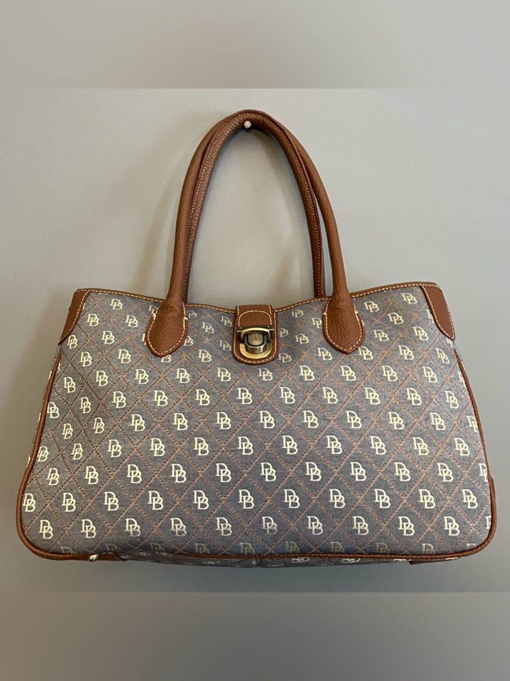 Dooney & Bourke Gray/Light Blue Monogram Tote W/Brownish Red Contrast Stitching